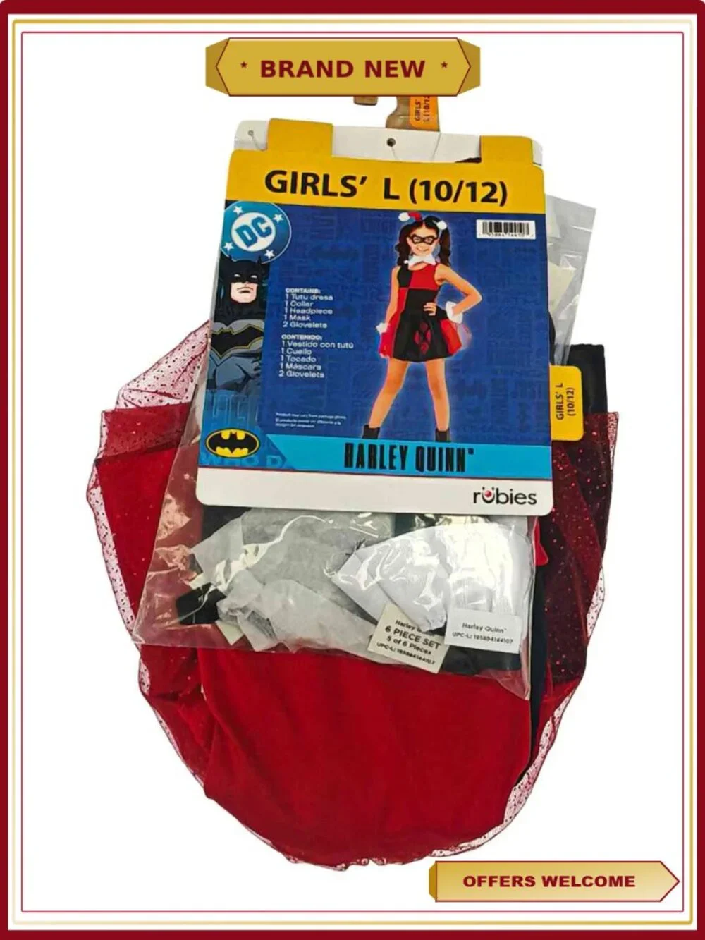 Harley Quinn Costume Girls Size L 10 12 Jester Dress Halloween Rubies
